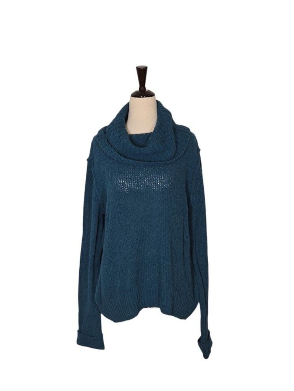 CASLON Teal Blue Cowl Neck Sweater S Pointelle Shoulder Cotton Blend Knit NWOT